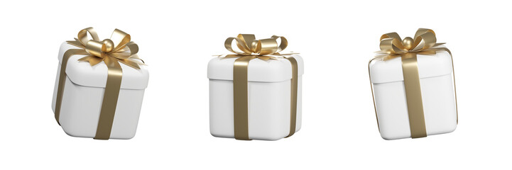 White gift box and gold ribbon 3d rendering illustration.