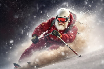 snow santa skier snowboarder sport holiday mountain ski christmas winter. Generative AI.
