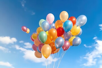 colorful balloons flying in the blue sky. generative AI