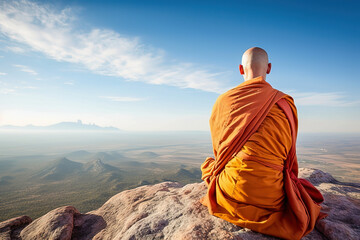 A Tibetan monk prays and meditates on a high mountain. Generative AI. - obrazy, fototapety, plakaty