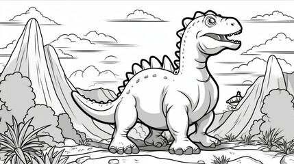 Dinosaur, prehistoric landscape. Cartoon style, kids content. White background.  Coloring page. Ai illustration, fantasy digital painting, Generative AI