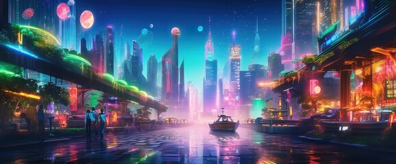 Fototapeta na wymiar Cyberpunk neon city street at night. Futuristic city scene in a style of sci-fi art. 80's wallpaper. Retro future Generative AI illustration. Urban scene.