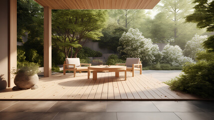 product mockup showcasing a serene outdoor patio with a view of a tranquil garden, creating a peaceful and rejuvenating backdrop for the product