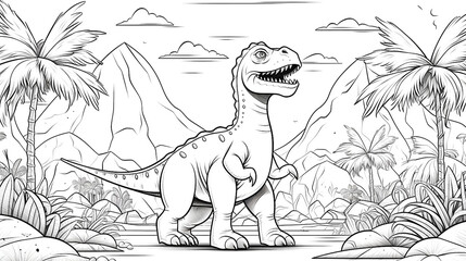 Dinosaur, prehistoric landscape. Cartoon style, kids content. White background.  Coloring page. Ai illustration, fantasy digital painting, Generative AI