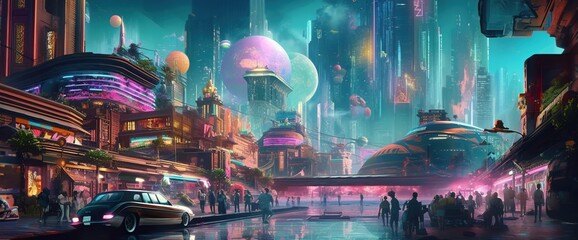 Cyberpunk neon city at night. Futuristic city scene in a style of sci-fi art. 80's wallpaper. Dramatic cloudscape. Retro future Generative AI illustration. Urban scene.