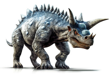 Fototapeta premium Centrosaurus. Dinosaur, realistic image. White background. Ai illustration, fantasy digital painting, Generative AI