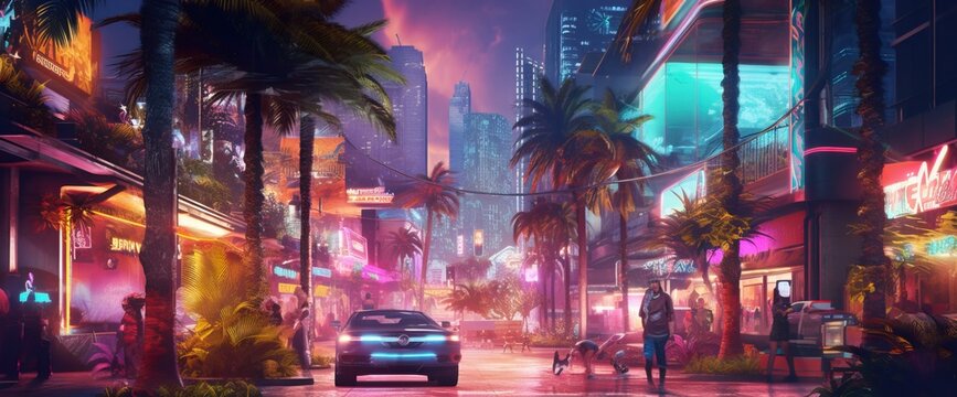 Cyberpunk Neon City Street At Night. Futuristic City Scene In A Style Of Sci-fi Art. 80's Wallpaper. Retro Future Generative AI Illustration. Urban Scene.