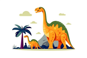 Brachiosaurus. Dinosaur, cartoon style, kids content. White background. Ai illustration, fantasy digital painting, Generative AI