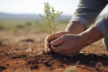 A close - up shot of a person planting a young tree in a barren field. Generative AI