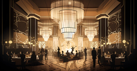 an art deco-inspired illustration of a luxurious ballroom from the 1920s, featuring geometric patterns, elegant furniture, and opulent chandeliers. Render it in high definition with dramatic lighting 