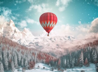 Colorful hot-air balloon flying over snowcapped mountain. Created with Generative AI technology.