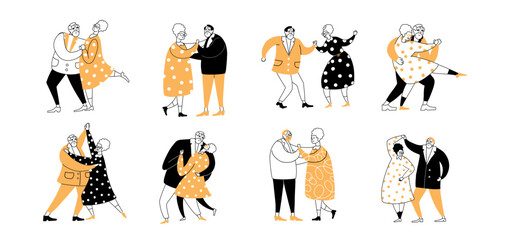 Set of doodle senior couple lovers enjoy time together, dancing, embracing, holding hands. Elder Valentine's day concept. Cute old characters dance. Simple hand drawn line and flat vector illustration