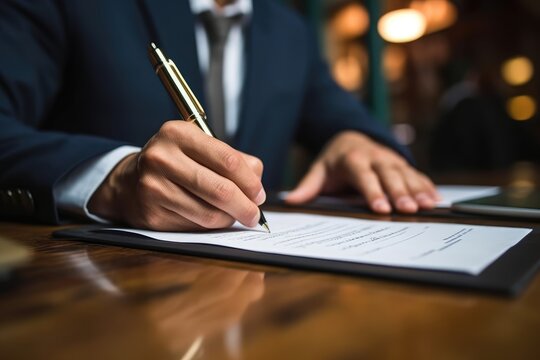 A close - up shot of a businessman signing a business contract. Generative AI