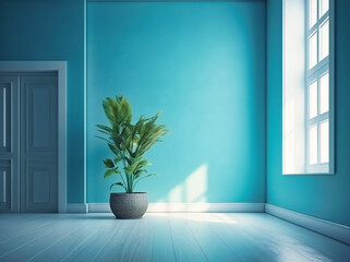 Fototapeta na wymiar empty room with potted plant and blue walls