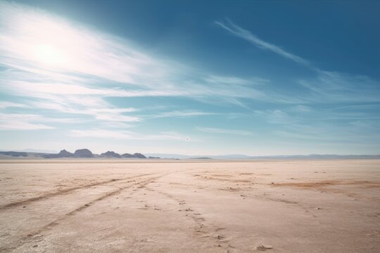 A landscape photograph featuring a vast expanse of empty space, such as a desert field. Generative AI