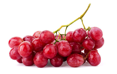 Bunch of ripe red grapes with leaves isolated on white