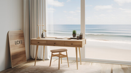 Fototapeta na wymiar product mockup featuring a minimalistic wooden desk with a view of a serene beach scene through a large window, creating a calming and refreshing backdrop for the product