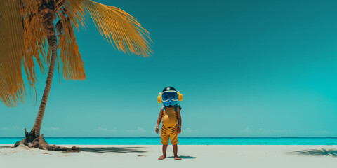 Obraz premium Generative AI, child in a diving mask on the beach against the background of a clear blue sky and palm leaves, joy, bright colors, vacation, a lot of empty space