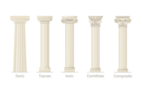 Five classical orders vector illustrations set. Cartoon drawings of five column types. Doric, Tuscan, Ionic, Corinthian, Composite pillars on white background. Architecture, culture concept