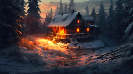 Mystic Snow Haven: A Captivating Winter Cabin. Generative AI