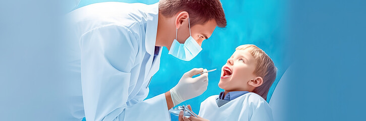 Naklejka premium A male dentist examines a child's teeth in a dental office. Generative AI.