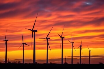 A silhouette shot of wind turbines against a colorful sunset sky. Generative AI