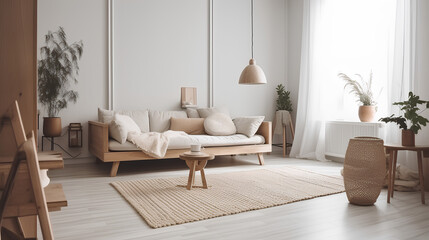 View of modern scandinavian style interior with sofa. Home staging and minimalism concept