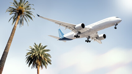 modern airliner arrives above palm trees - 613177542