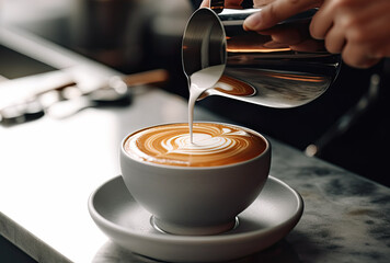 persona echando leche en una taza con cafe. ilustración de ia generativa
