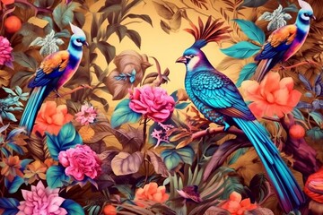 Fototapeta na wymiar Exquisite oriental pattern featuring birds and flowers, Generative Ai
