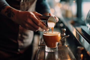 Fototapeta na wymiar persona echando leche en una taza con cafe. ilustración de ia generativa