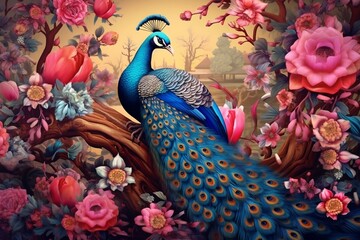 Exquisite oriental pattern featuring peacocks and flowers, Generative Ai