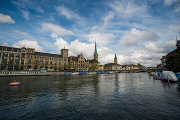 Beautiful view of old town Zurich city from the Quai bridge