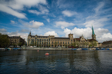 Beautiful view of old town Zurich city from the Quai bridge