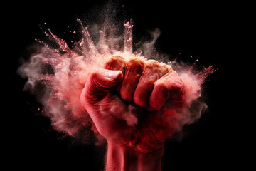 A single clenched fist bursting with red colored powder, isolated on black. Strength, stress, fight, anger, pressure. Developed with generative ai