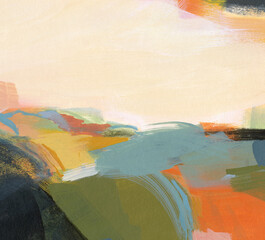 Abstract hand painted landscape. Versatile artistic image for creative design projects: posters, banners, cards, prints and wallpapers. Gouache on cardboard. Artist-made art, no ai.