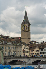 Fototapeta premium Sail boats parked in a river harbor. Limmat river Zurich, Switzerland, daytime, no people
