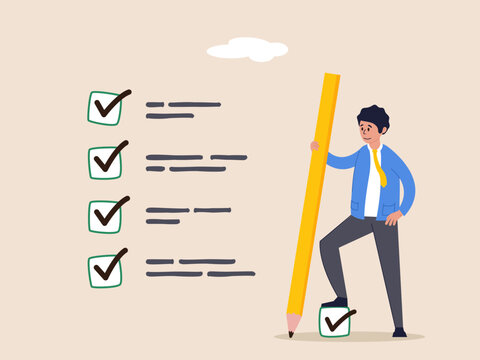 Project progression concept. Getting things done, completed tasks or business accomplishment, finished checklist, achievement, businessman expert holding pencil tick all completed task checkbox.