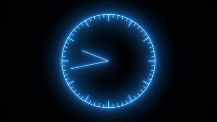 Video animation of analog clock with moving arrows in seamless 12 hour loop in neon blue on black background. Stopwatch animation. 