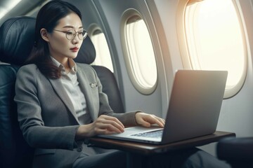 Asian business woman working on laptop on a plane. Generative AI.