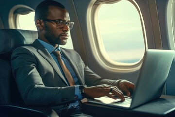 African business man working on laptop on a plane. Generative AI.