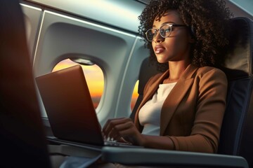 Obraz na płótnie Canvas African business woman working on laptop on a plane. Generative AI.