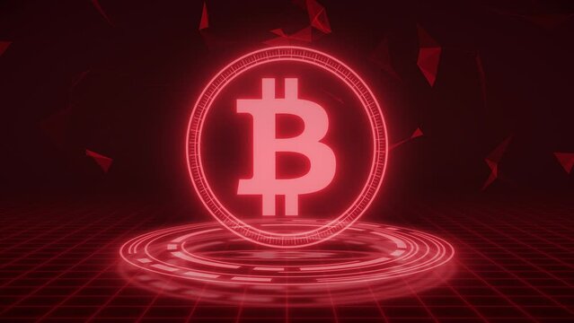 Video animation of bitcoin logo in red with HUD on dark background - digital currency - cryptocurrency