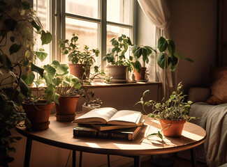 a photo of a living room with plants and a book