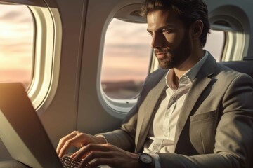 Latin business man working on laptop on a plane. Generative AI.
