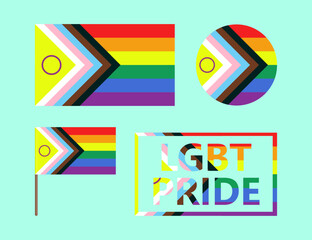 New progressive LGBTQ flag design vector illustrations set. Collection of cartoon drawings of different designs of new LGBT symbol. LGBTQ community, human rights, freedom, pride month concept