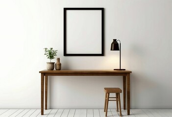 Blank picture frame mockup on wall. White living room design. View of modern scandinavian style interior with artwork mock up on wall. Home staging and minimalism concept, regenerative AI