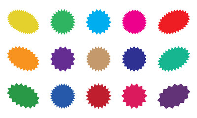 Starburst colorful tag. Star burst badge vignette. Price tag icon. Design element. Advertising, promotion background. Decoration element. Label percent icon.