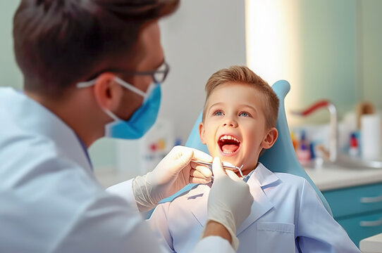 A male dentist examines a child's teeth in a dental office. Generative AI.