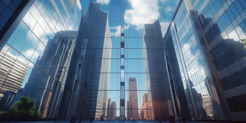Fototapeta na wymiar View of modern corporate office buildings. Generative AI